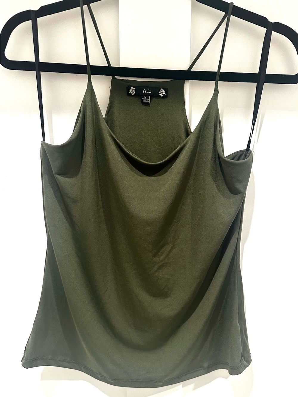 iris Olive Green Cowl Neck Spaghetti Strap Camisole